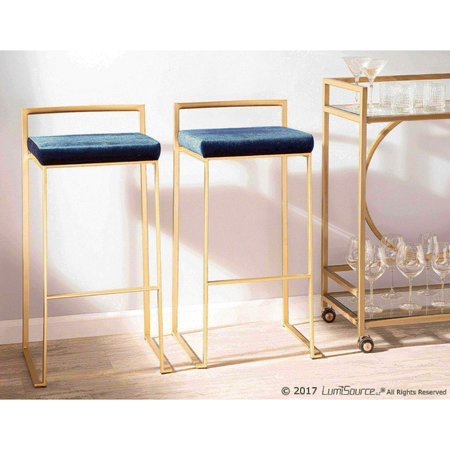Lumisource Fuji Stackable Barstool in Gold with Blue Velvet Cushion, PK 2 B30-FUJI AUVBU2